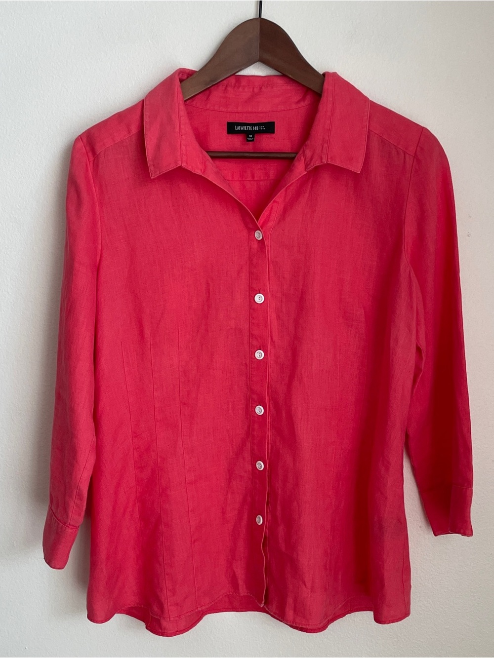 Lafayette 148 Linen Button Down Shirt Women's 10 Coral Pink 3/4 Sleeve Luxury - Picture 6 of 10